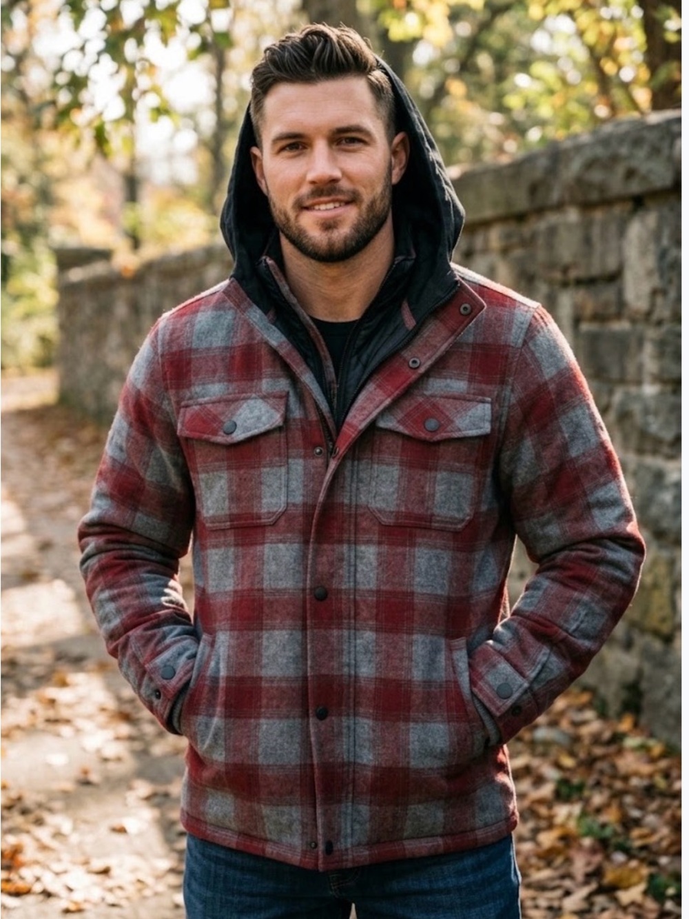 Hurley Men's Red & Gray Plaid Quilted Hooded Field Jacket